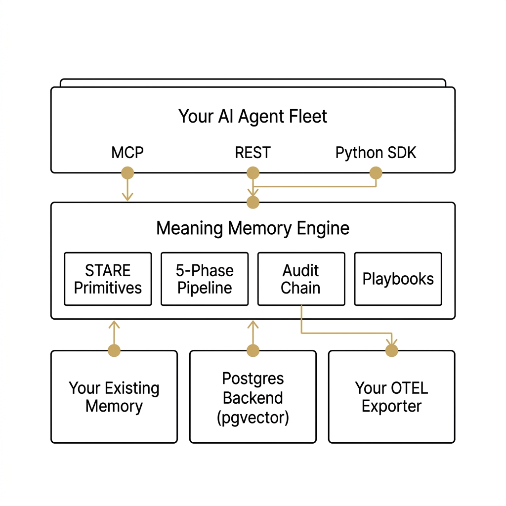 Three-layer architecture stack: agent fleet on top, Meaning Memory engine in the middle, storage and observability underneath.