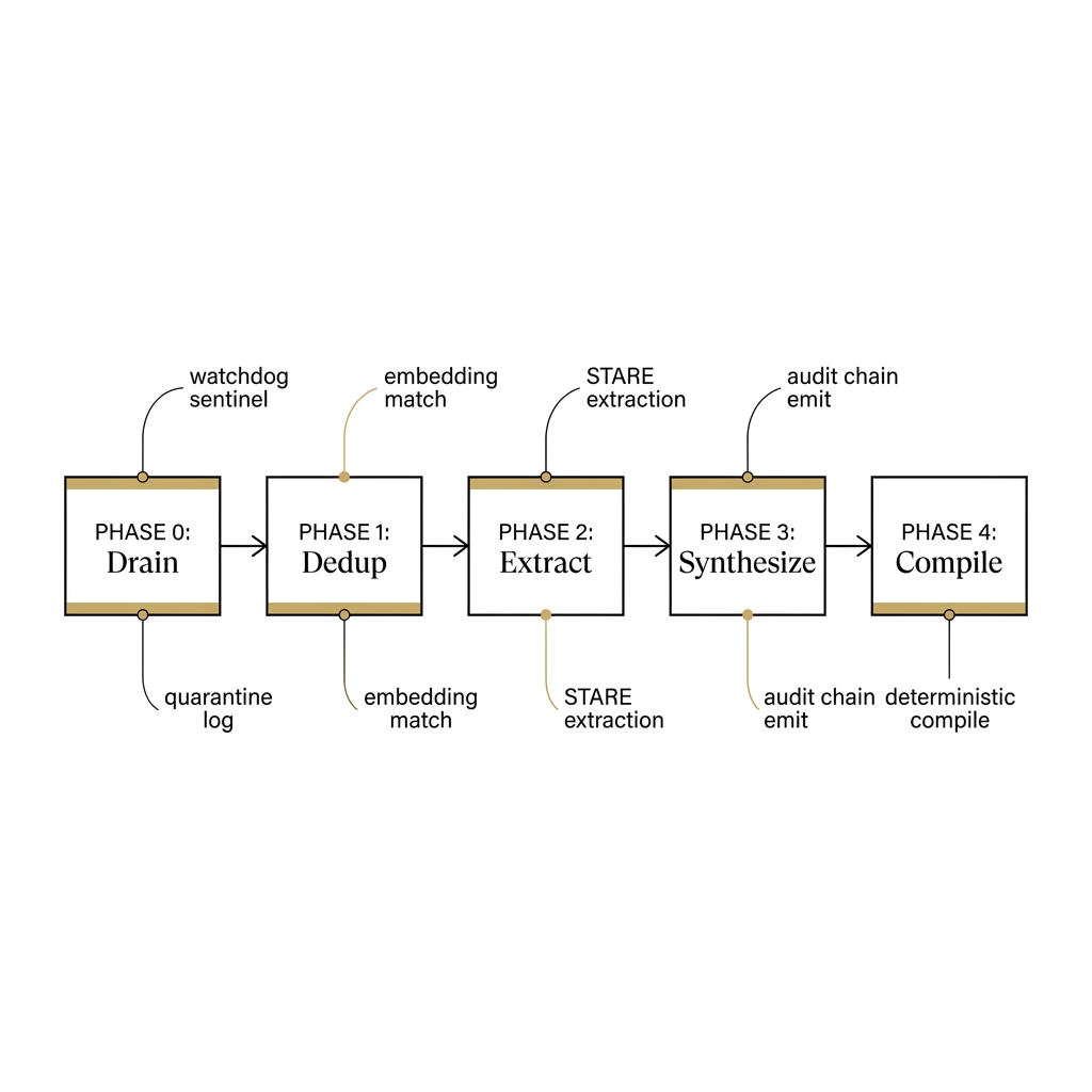 Five-phase deterministic processing pipeline: Drain, Dedup, Extract, Synthesize, Compile.